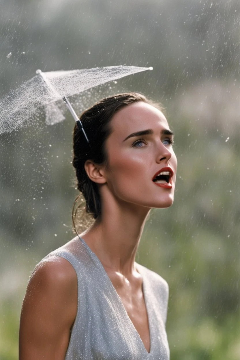 Beautiful 25 year-old Jennifer Connelly is standing outside in a rain shower with no rain-coat, umbrella, or hat on, with her head tilted up to the sky, her tongue sticking out and catching raindrops, as if reliving a childhood memory.