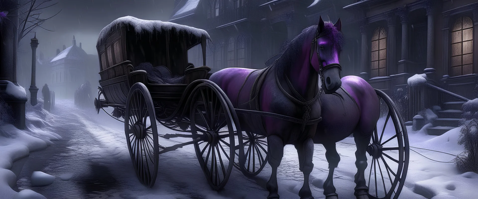 victorian era, snow on the ground, winter, dead horse in the street, a strange purple tentacles cover the hoirse, a carriage is smashed up around the horse. war-torn Victorian street. Apocalyptic, epic, photo-realistic, widescreen, cinematic, epic, like a movie