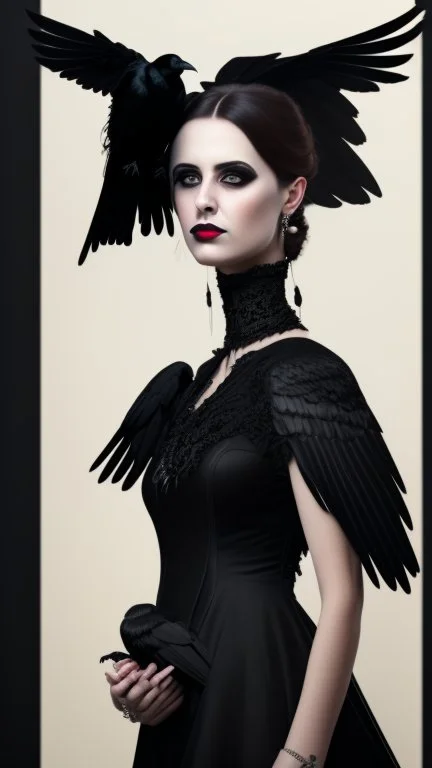 portrait of a beautiful goth woman with Caress a crow, wearing a black dress, 8k, high quality, highly detailed full body