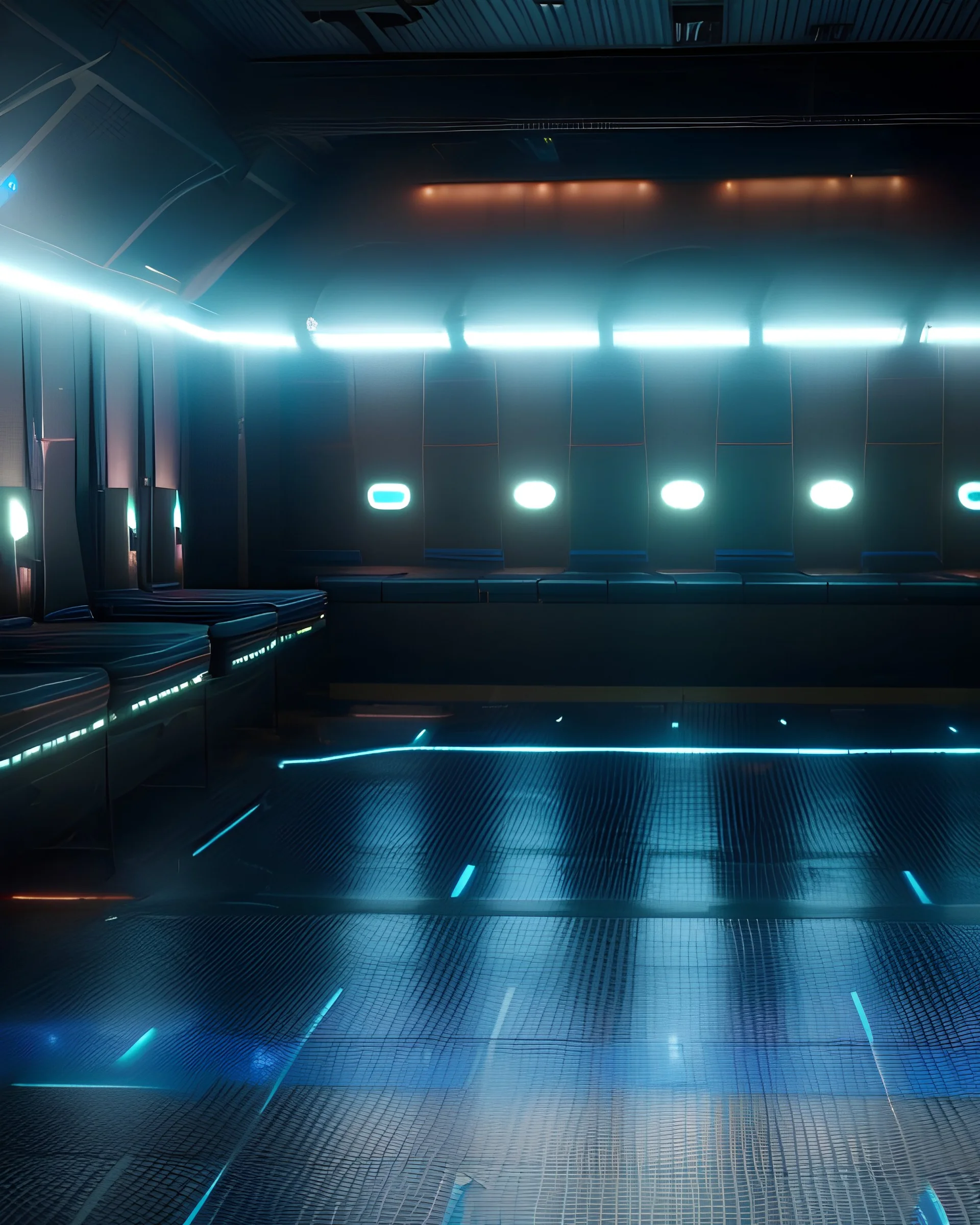 A male team in a futuristic sport are lined up in their changing room, , waiting to be inspected by their AI masters in a fantastical future