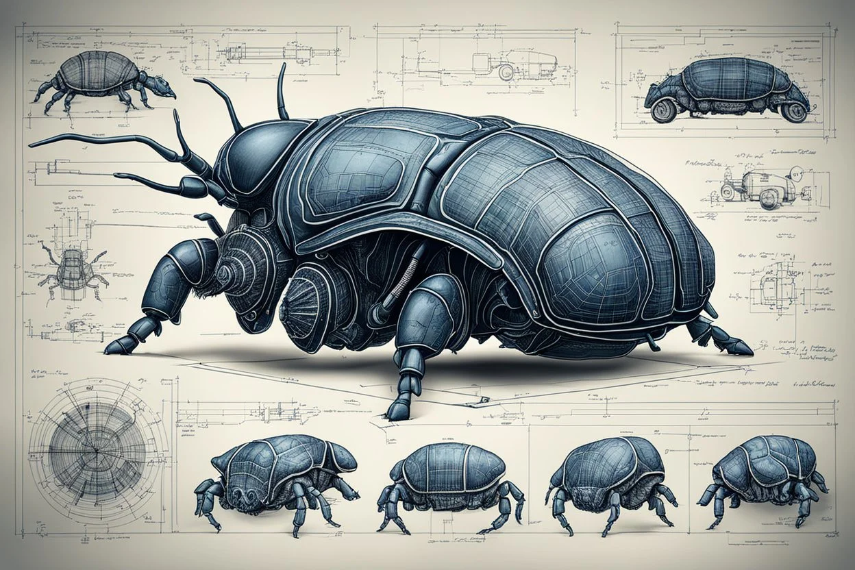 Hand drawn illustration , with detailed blueprints and engineering schematics of dark robotic Rhinoceros beetle, with highly detailed facial features, detailed drawings, and technical notation, 8k