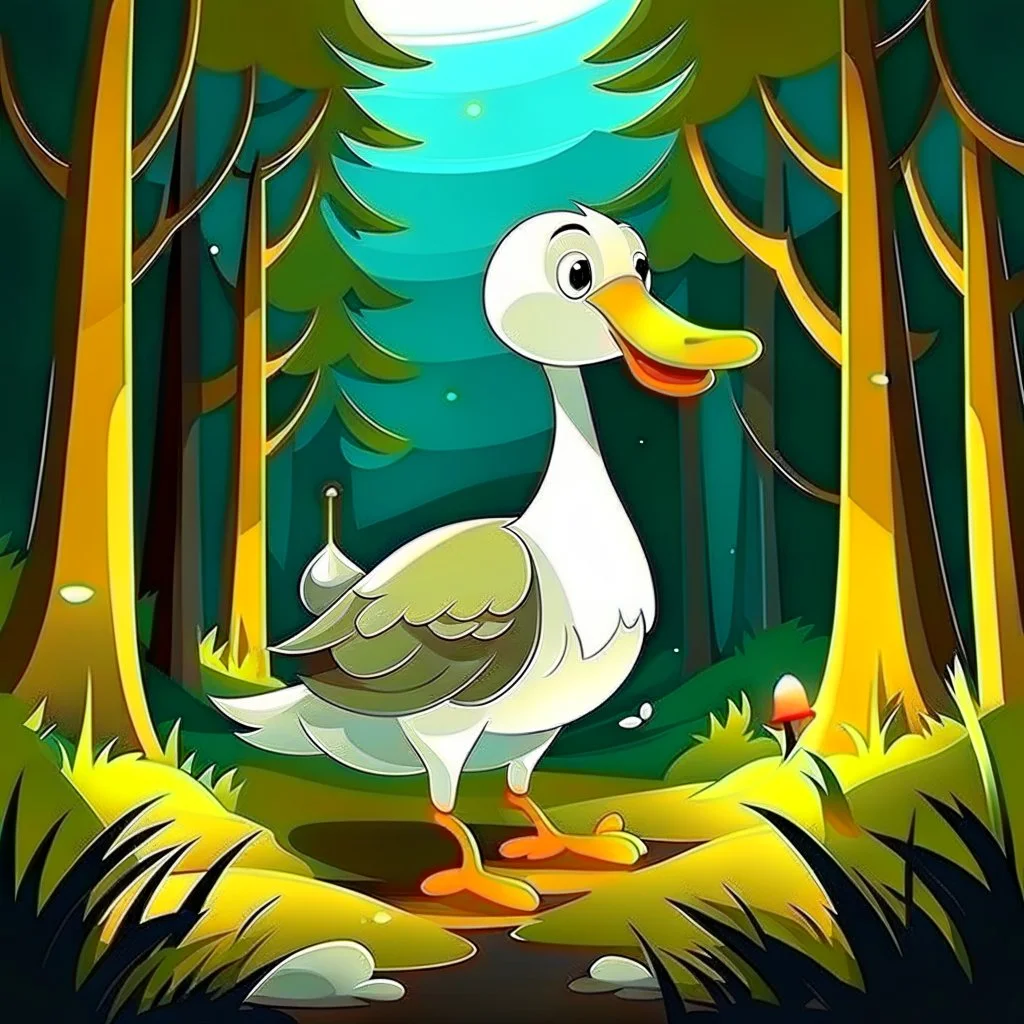 cartoon goose in forest with flashlight