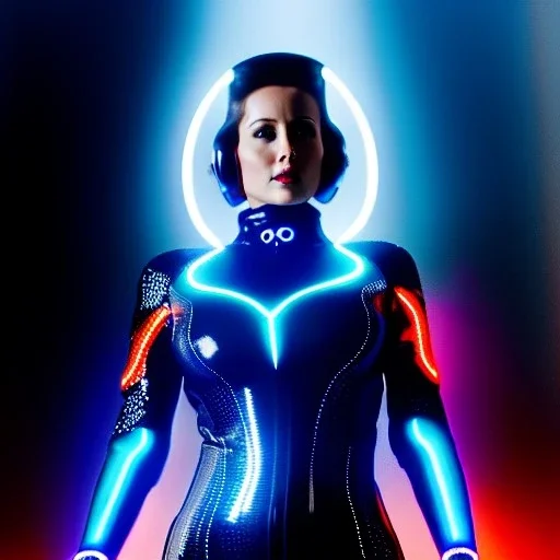 Ultra detailed fullbody Portrait in oil on canvas of beautiful busty female biker from Tron legacy,tron legacy light cycle,wearing skintight latex suit,extremely detailed digital painting, extremely detailed face,crystal clear Big eyes,mystical colors,perfectly centered image, perfect composition, rim light, beautiful lighting,masterpiece,8k, stunning scene, raytracing, anatomically correct, in the style of Ohrai Noriyoshi and Evan lee and robert and howard andKen Kelley and Simon Bisley