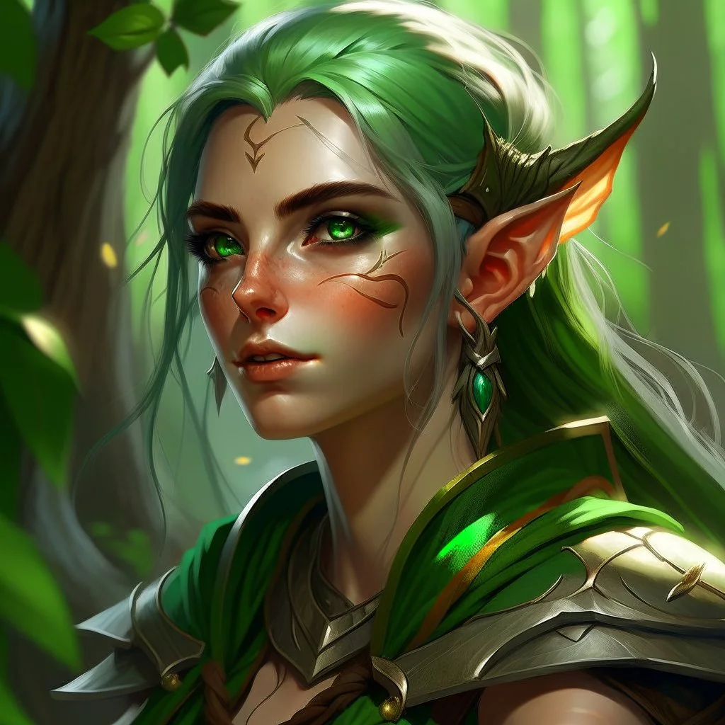 dnd, artistic, illustration, artstation, elf, feywild, bright green hair, green eyes, warrior, portrait