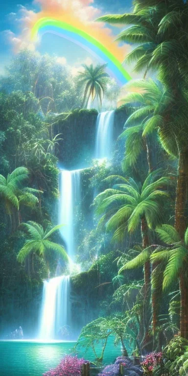 Triipy rainbow turquoise neon waterfall with palm trees sparkling at night in a cave detailed realistic glowing