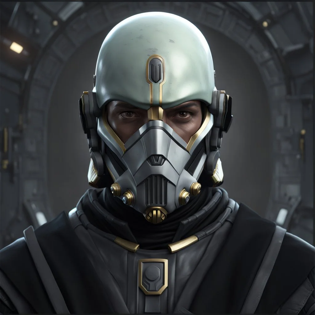 star wars bald male corellian pilot wearing pearlescent black and gunmetal grey First Order special forces heavy assault stealth commando armor and helmet with gold trim inside the jedi temple, hyperdetailed, dynamic lighting, hyperdetailed background, 8k resolution, volumetric lighting, light skin, fully symmetric details