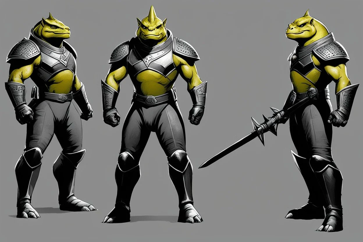 (Star Trek Lore) a Gorn aggressive warrior with his traditional equipment ## Layout & Perspectives Arrange strictly from left to right in the order of “front, side (either left or right), back” horizontally. The character's height, head-to-body ratio, shoulder width, and other skeletal proportions must be perfectly aligned horizontally across all three views, with strictly consistent sizing. ## Character Consistency Across all perspectives, the character's face shape, facial features, hai