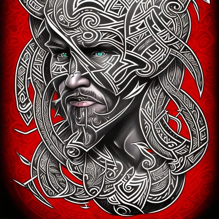 Homme Maori, tatouages tribaux maoris, arc à flèches, océan, lune rouge