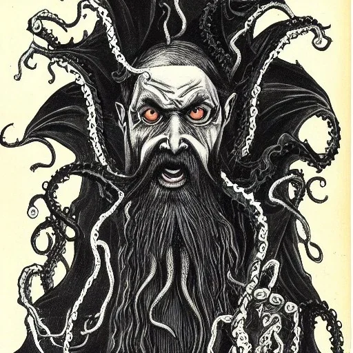 Cthulhu with white skin and a beard made of fleshy tentacles as a Russian Orthodox nosferatu with yellow eyes and vampire fangs and spines in the side of the nose