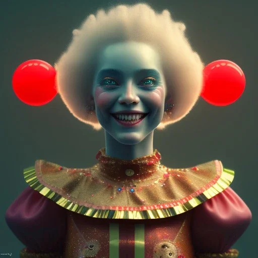 Ultra detailed very beautiful smileing cute clown girl,beautiful real skin, red nose, symmetrical, ultra detailed curl hair, soft lighting, ultra detailed face, concept art, circus,party, digital painting, octane render, art by artstation