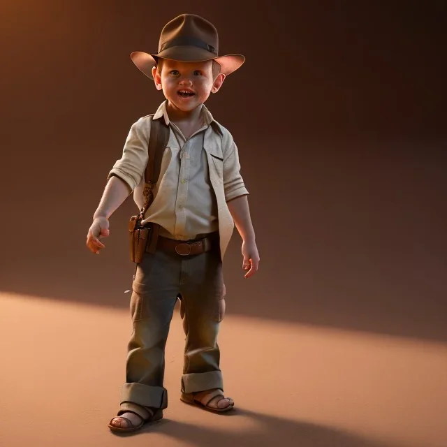 Indiana Jones toddler, full body, dramatic lighting, hyper realistic