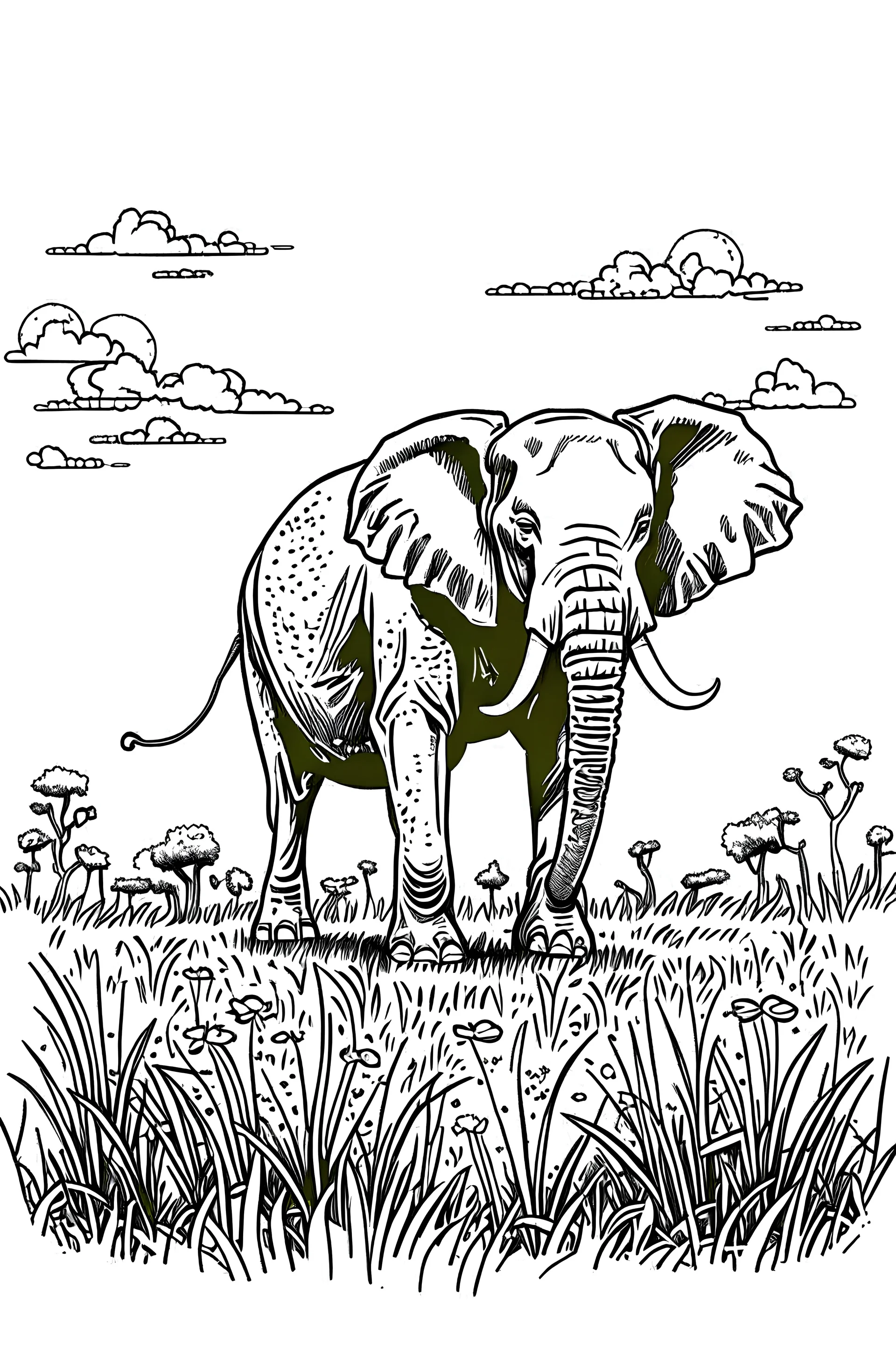 Black and white outlined elephant standing in a grassland