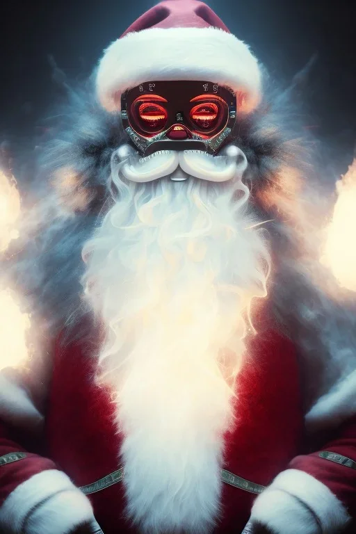 All Black santa, ghost, wearing high tech mask, white smoke, dark, rage, sorrow, high definition, ultra 8 k, volumetric lighting, blue fire, fog