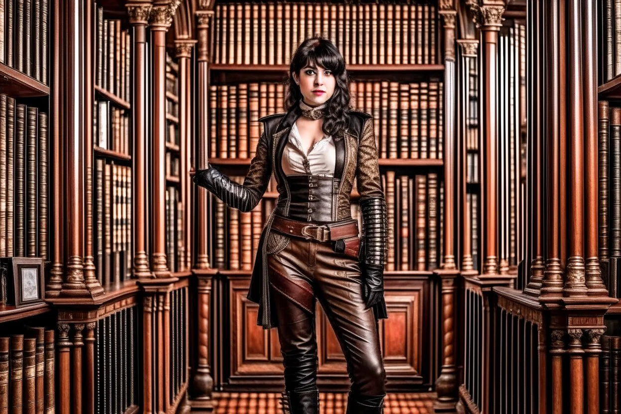 a full-length pale dark-haired woman with a straight bob hairstyle with a fringe, in a steampunk leather outfit, and gloves, standing in a steampunk library