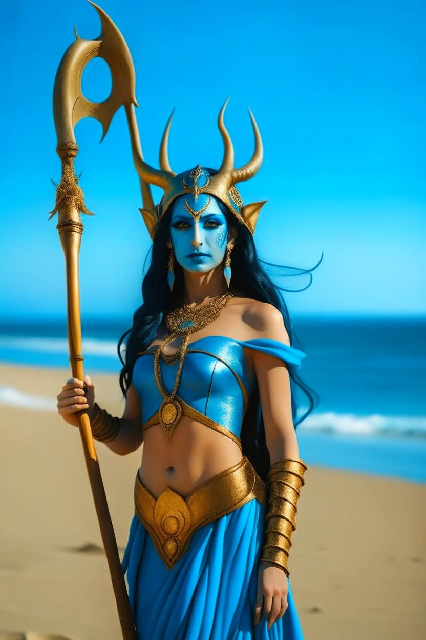 A picture of a beautiful blue faced indian goddess with skin painted blue, blue painted body, blue painted torso, wild black hair, stag antlers, elven ears, golden skirt, holding a staff on a sunny beach