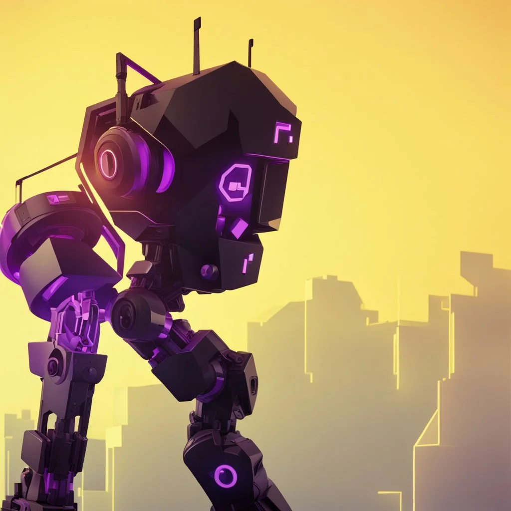 black and purple neon geometric robot with a plus sign symbol for the 'eye' in a black monochrome world