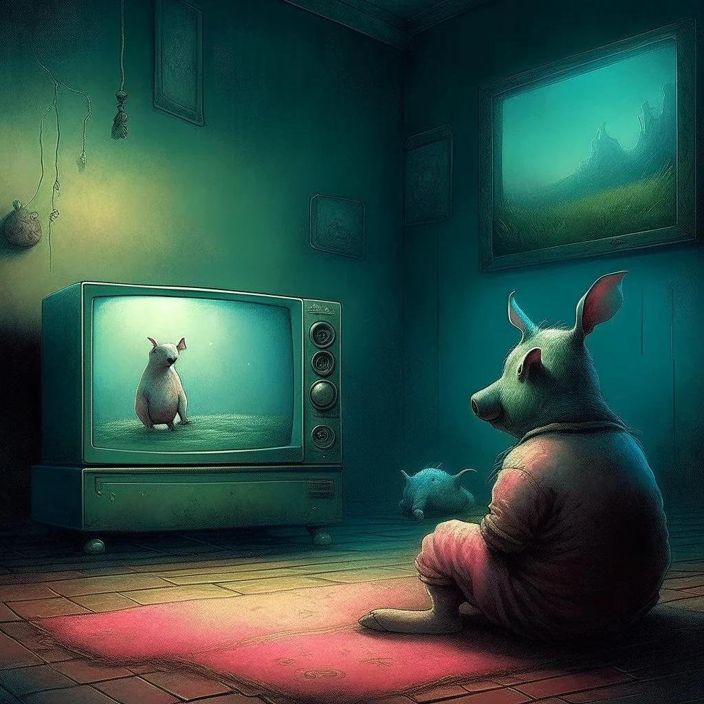 pig watching a tv about video game persona with a rabbit playing music beksinski style