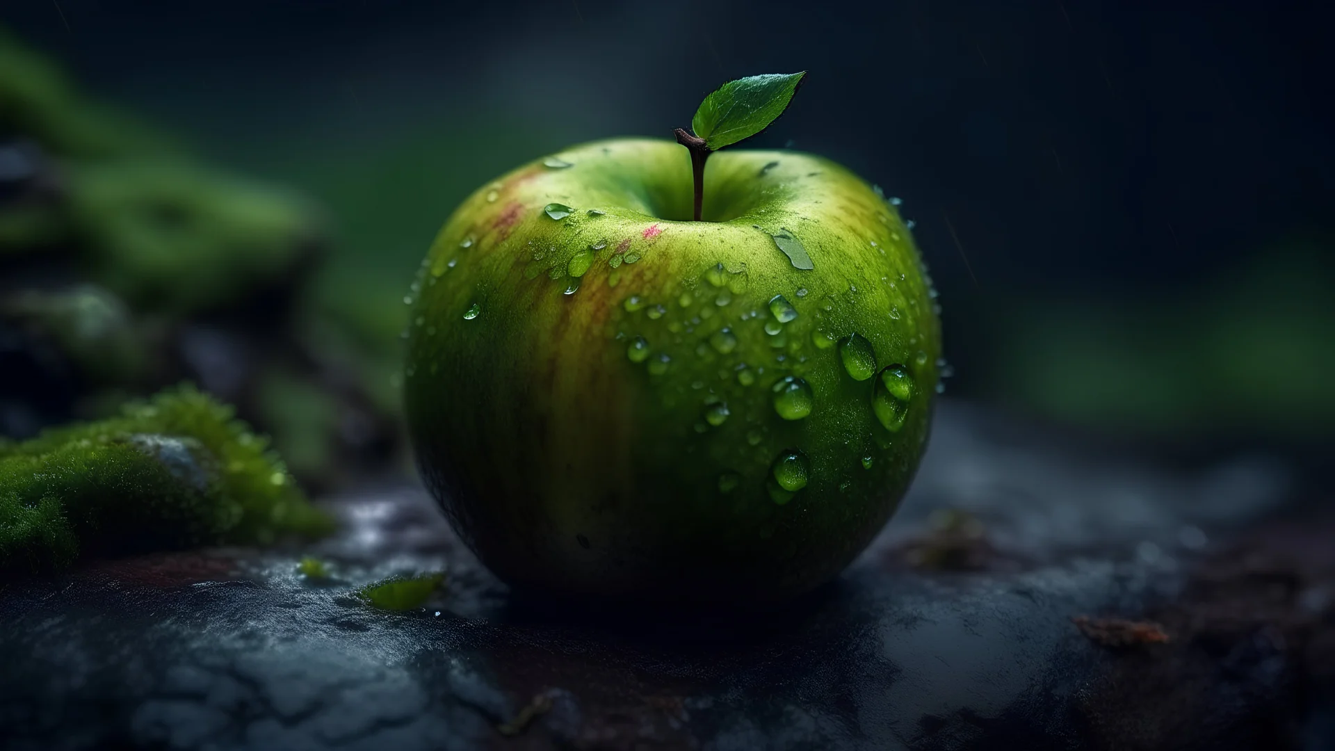 A vibrant apple sitting on a wet rock covered with moss. The image showcases naturalism with an organic 8k artistic photography style. The background emphasizes the apple body creating a bright and powerful composition,grey dark backround,dramatic scene