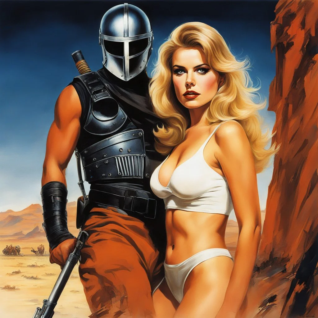 [art by Russ Meyer] a madmax mercenary with iron mask holds Erin Moriarty as Starlight in Agent Provocateur