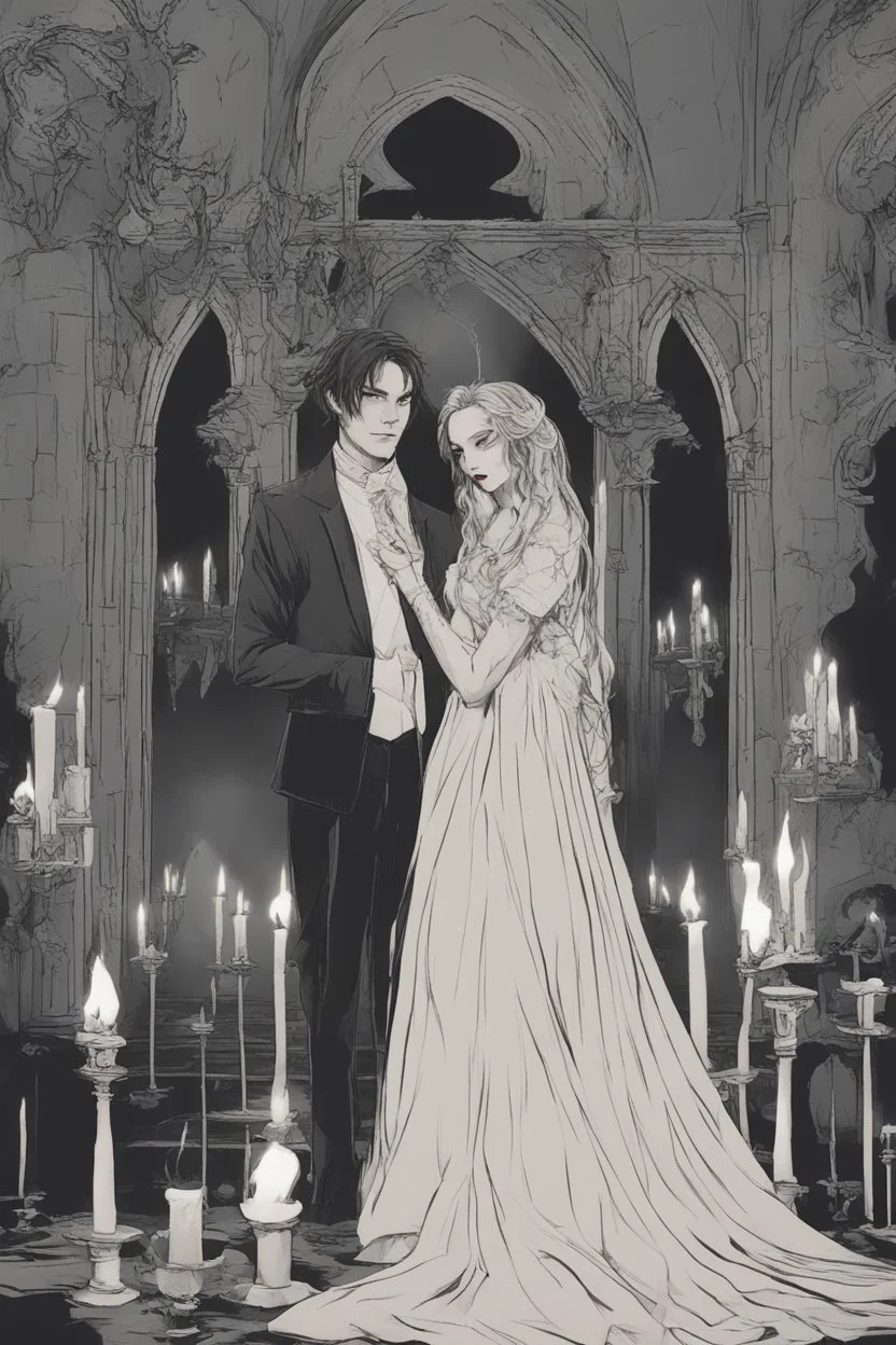 Vampire wedding, in a dark castle, firelight, candles