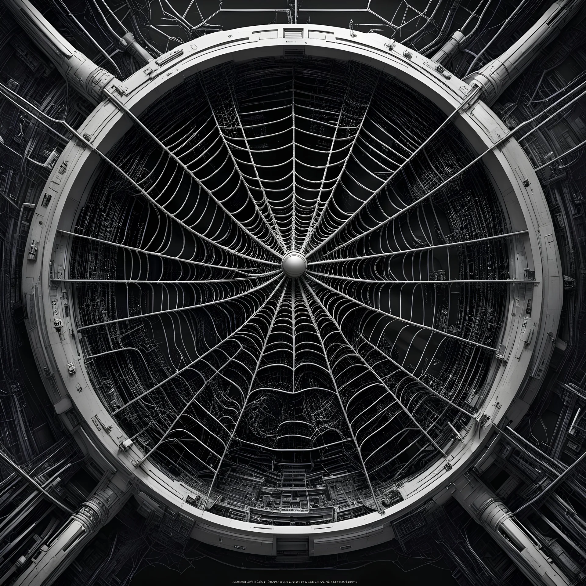 Massive Spiderweb above the control panel of a spaceship, surreal sci-fi, by Killian Eng and Anton Semenov, mind-bending sci-fi illustration; dramatic spiderweb poster art, rich black and silver and white and red colors, asymmetric, spiderweb textures, by H.R. Giger