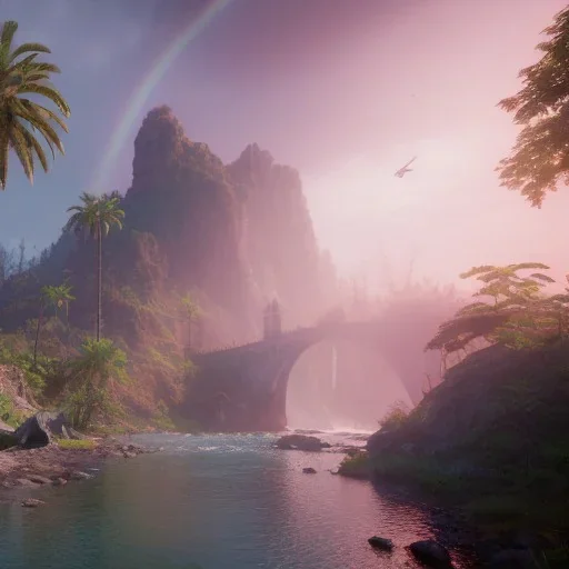 Artemis Tapınağı fantasy fantasy art, island waterfall palms twigs spring sunset rainbow bridge birds, lighting, cinematic, extremly, mist, unreal engine 5, cinematic lighting, beautiful, photorealistic, abstract