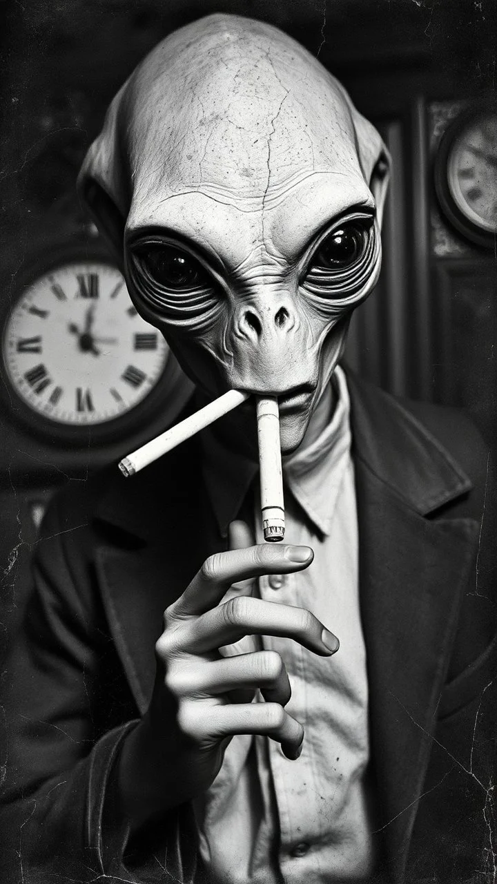 An old picture style of black and white and very bad quality old camera with cracks of an Alien rolling a cigarette the year 1900 in the background a Time Machine