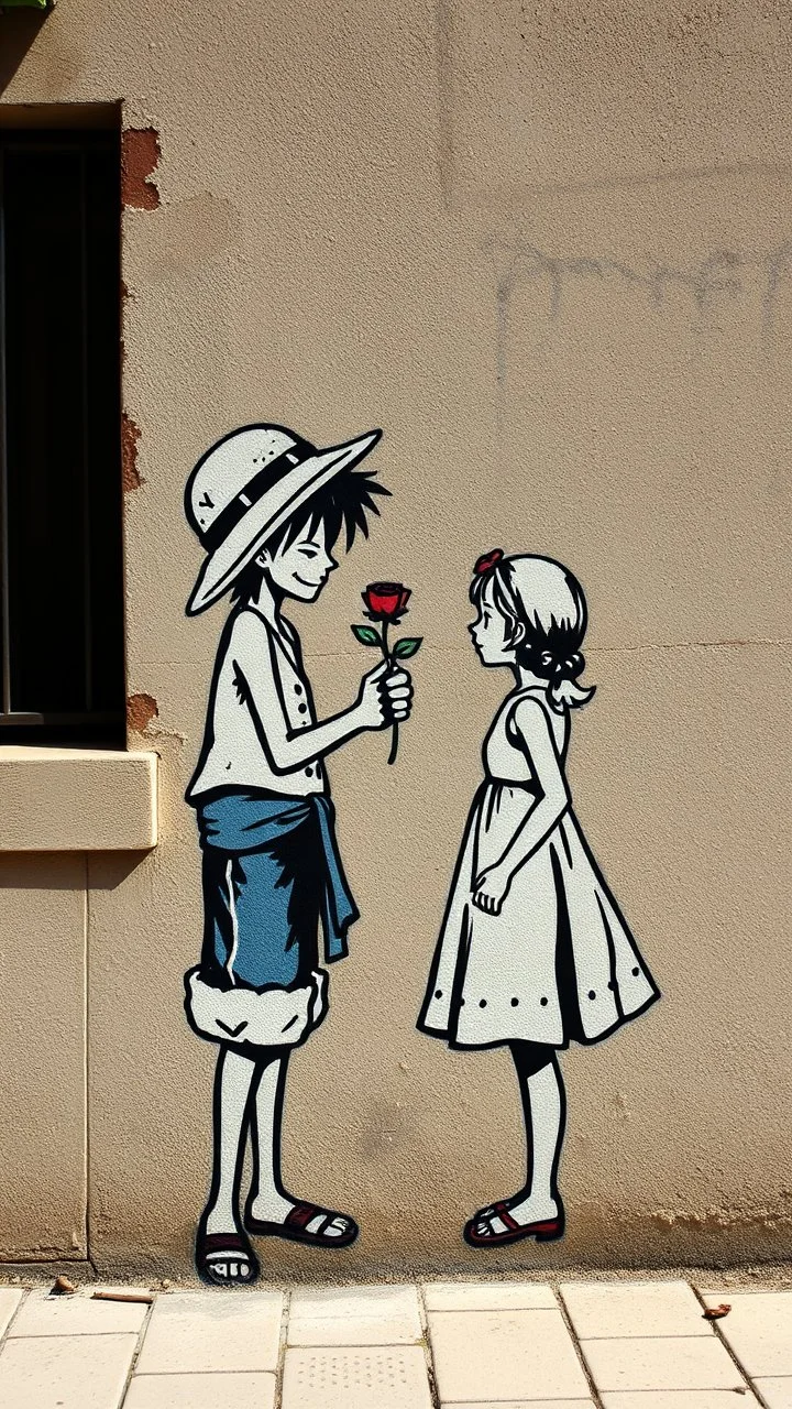 in the style of Banksy, a graffiti image of Straw Man Luffy giving a rose to a little girl in a sun dress on a city wall