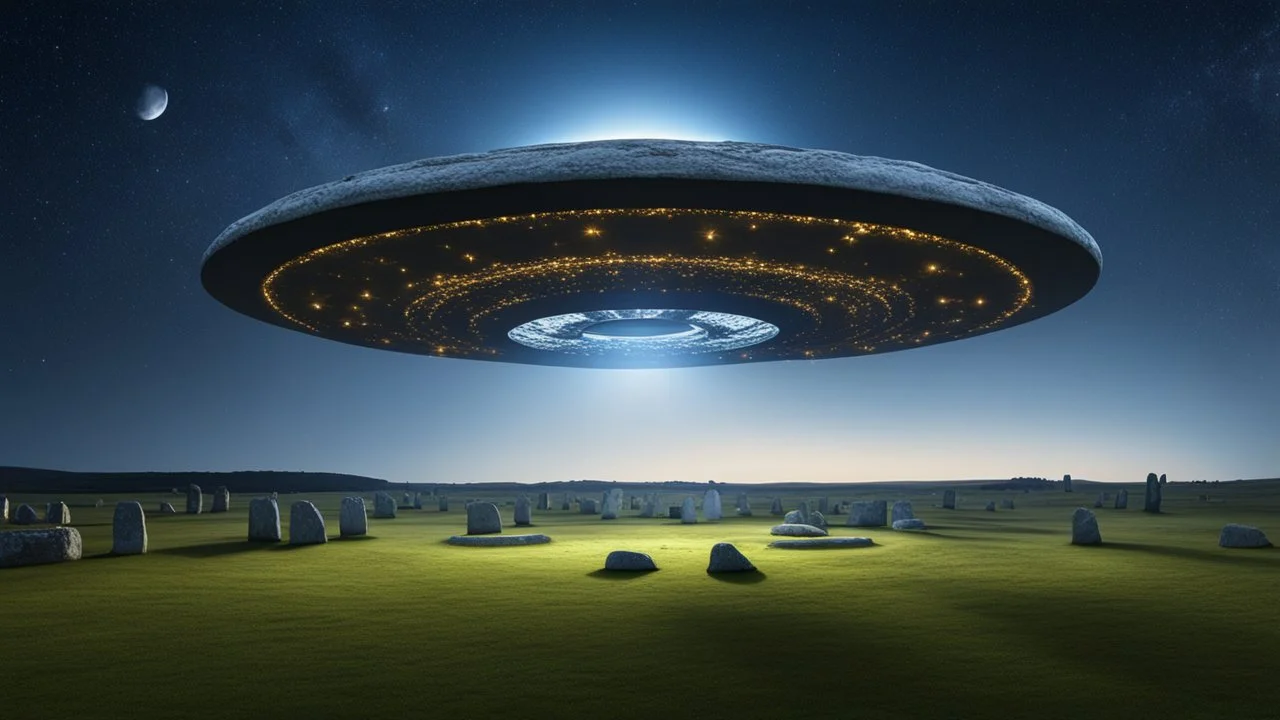 spectacular flying saucer with flashing lights, windows and spotlight onto the ground. Hovering over Stonehenge stone circle, night, dark sky, stars, moon, exquisite composition, beautiful detailed intricate detailed octane render, 8k artistic photography, photorealistic, perfect light, chiaroscuro, award-winning photograph, masterpiece