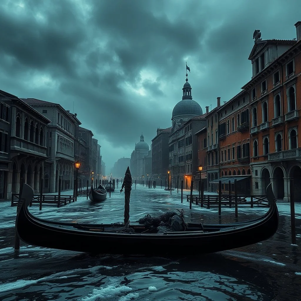 Venice dystopia, empty gondola on a frozen water street post-apocalypse, ominous clouds and soot in the air, dark, crumbling buildings, photorealistic