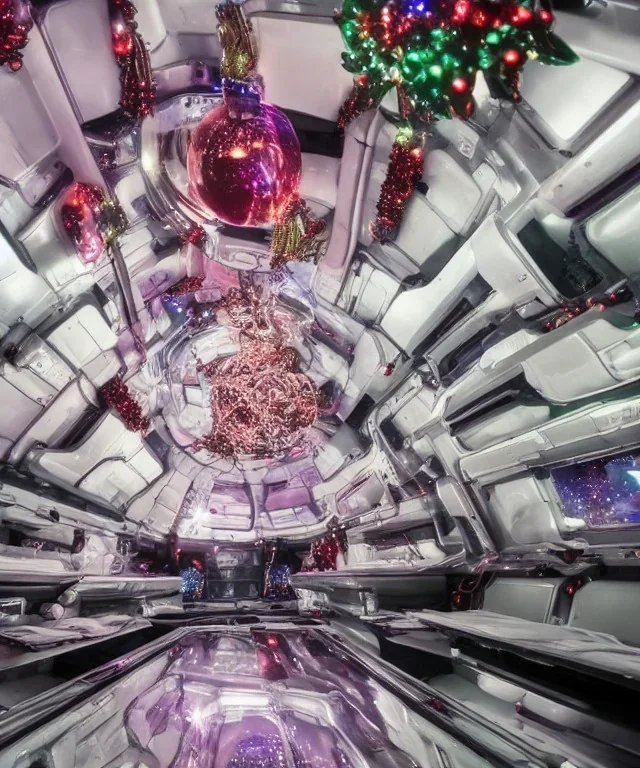 Inside futuristic space ship with Christmas decorations