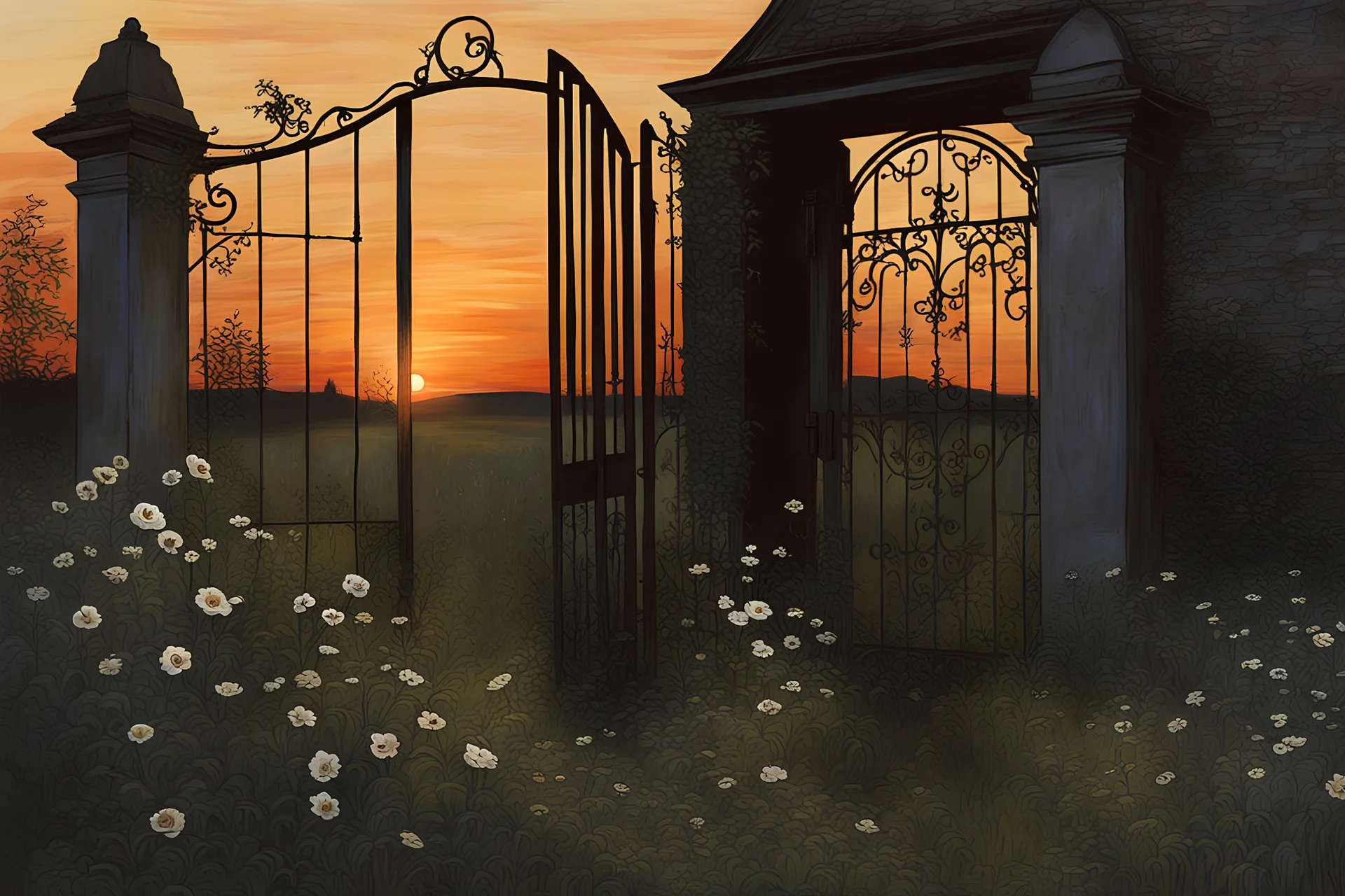 sunset, weeds, metal gate, abandon house, creepy, mountains, gothic horror influence, white flowers, people, trees, disturbing, witchcraft influence, mistery, friedrich eckenfelder, and hans am ende impressionism paintings