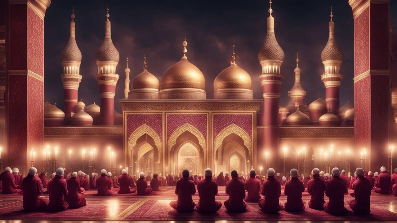 Hyper Realistic Photographic-View of lots of Muslim-Men praying inside a Huge-Beautifully-Crafted-Maroon-&-Golden Mosque with minarets & Ramadan-Light-Decorations-&-Lamps-&-a-water-fountain at beautiful-night with dramatic-&-Cinematic-Ambiance