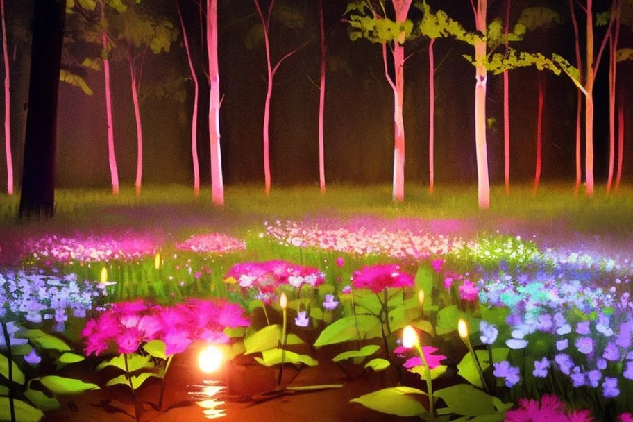 night, forest, flowers