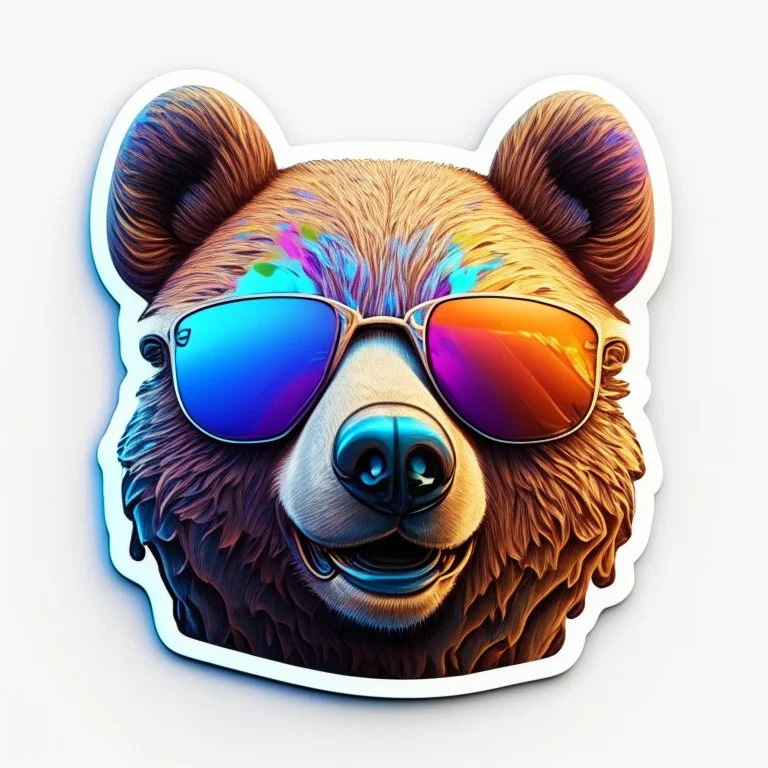 sticker on white background, 3d Head of a Bear with sunglasses, psychedelic, octane render, unreal engine 5, DMT art, funny, smiling