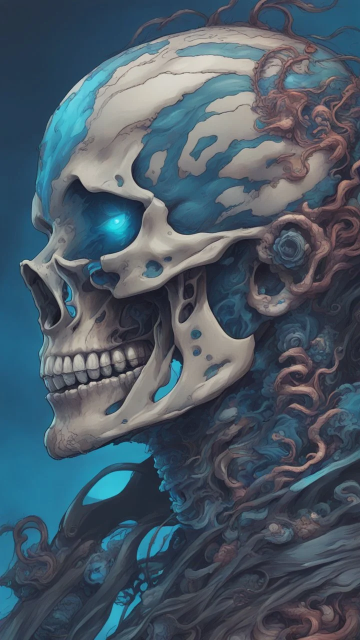 a close up of a person with a skull on their head, blue and black colors, anime skull portrait man, scary detailed art in color, hiroyuki-mitsume takahashi, nychos art aesthetic, half man half skeleton, anime cyberpunk art, colored manga art, rossdraws pastel vibrant, hot colors. insanely detailed, beautiful anime portrait, stunning anime face portrait, scary art in color