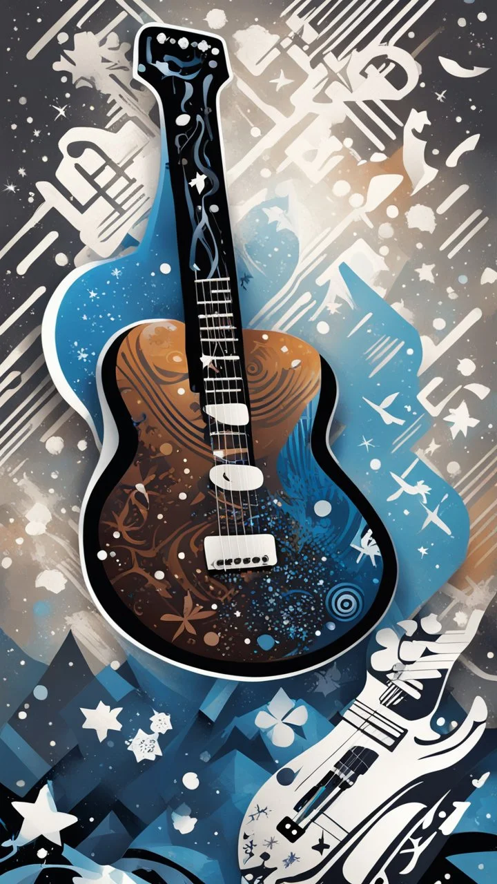 Create a dynamic snowboard pattern with a guitar theme, utilizing a maximum of 6 colors. Feature a stylized guitar fretboard running down the board in rich browns and blacks, complemented by rhythmic snowflakes in cool blues or silvers. Integrate a guitarist silhouette shredding down a mountain slope, using gradients for strumming motion. Keep the palette vibrant and harmonious, capturing the energy of music and snowboarding.