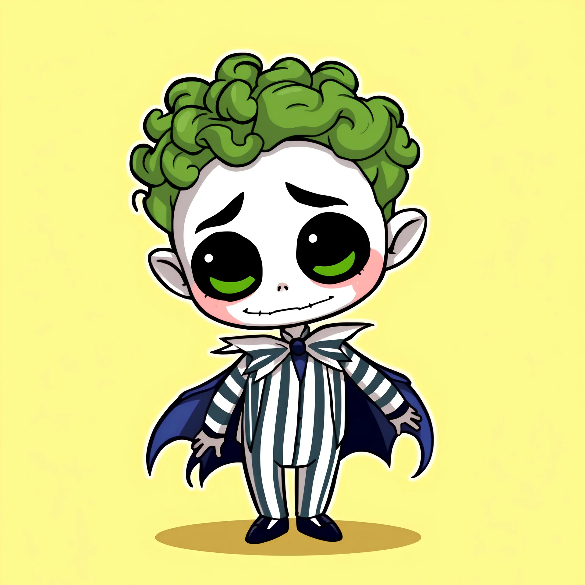 chibi banana character. made to look like beetlejuice with green curly hair