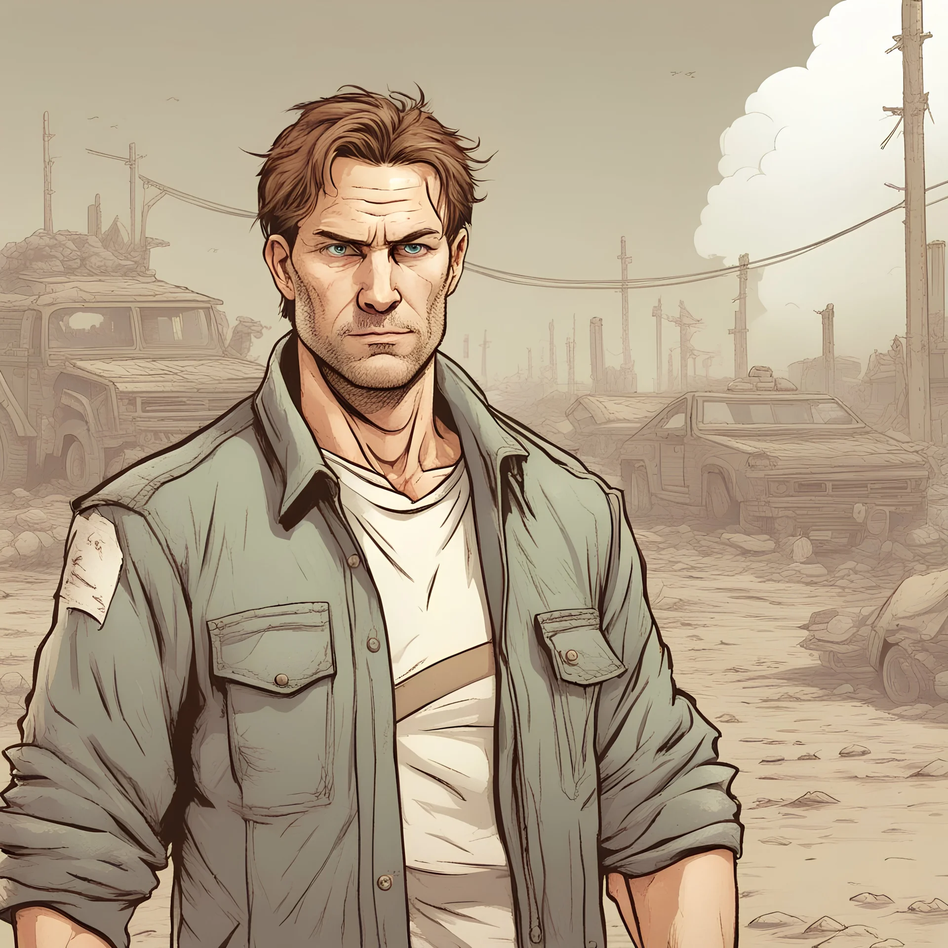 Portrait, 40 years old male character with brown hair, t-shirt comic book illustration looking straight ahead, post apocalypse