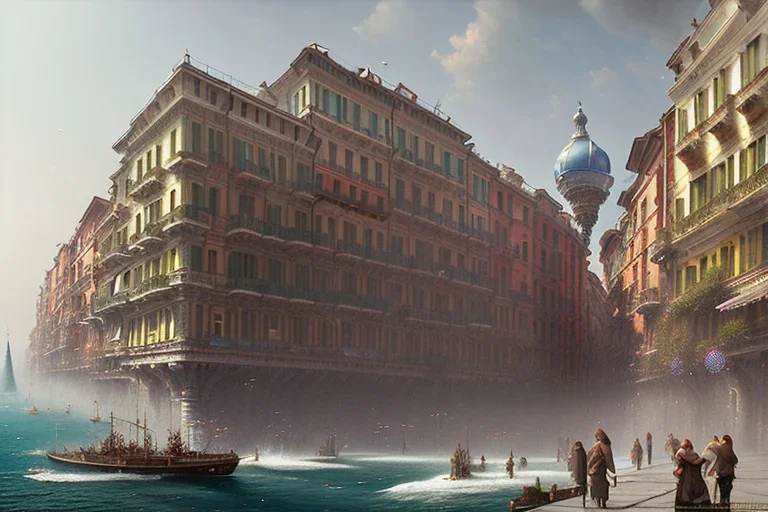 Elevated Train pass+trains+ corner building on sea+riomaggiore+genoa street+turin+Italian medieval town+Italian city+alphonse mucha, greg rutkowski,matte painting, cryengine, hyper detailed, felix kelly, fantasy art, seb mckinnon