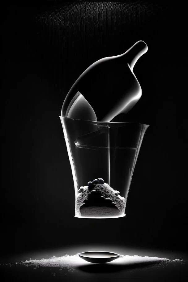 transparant cilinder shaped plastic scoop of protein powder, view from the front, dark studio setting, black background