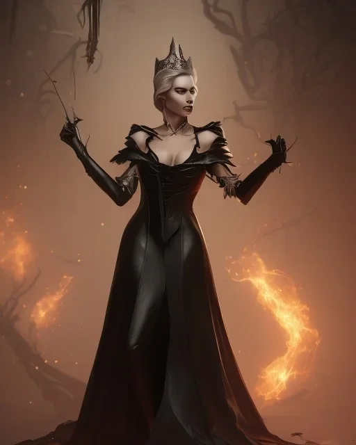 old evil queen in black leather gown, femme fatale, volouptous, busty, cleavage, angry, emperious, 8k resolution concept art portrait by Greg Rutkowski,