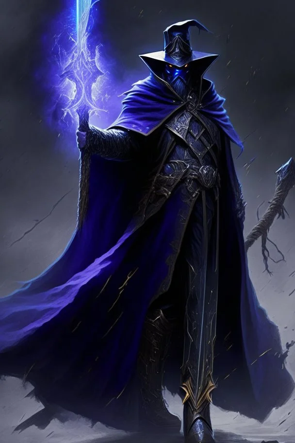 Thanos is the god of power and evil The commander wears a black cloak and a long coat with long combat boots and a long spear with a hat under his cloak with blue flame eyes, a sword like a spear