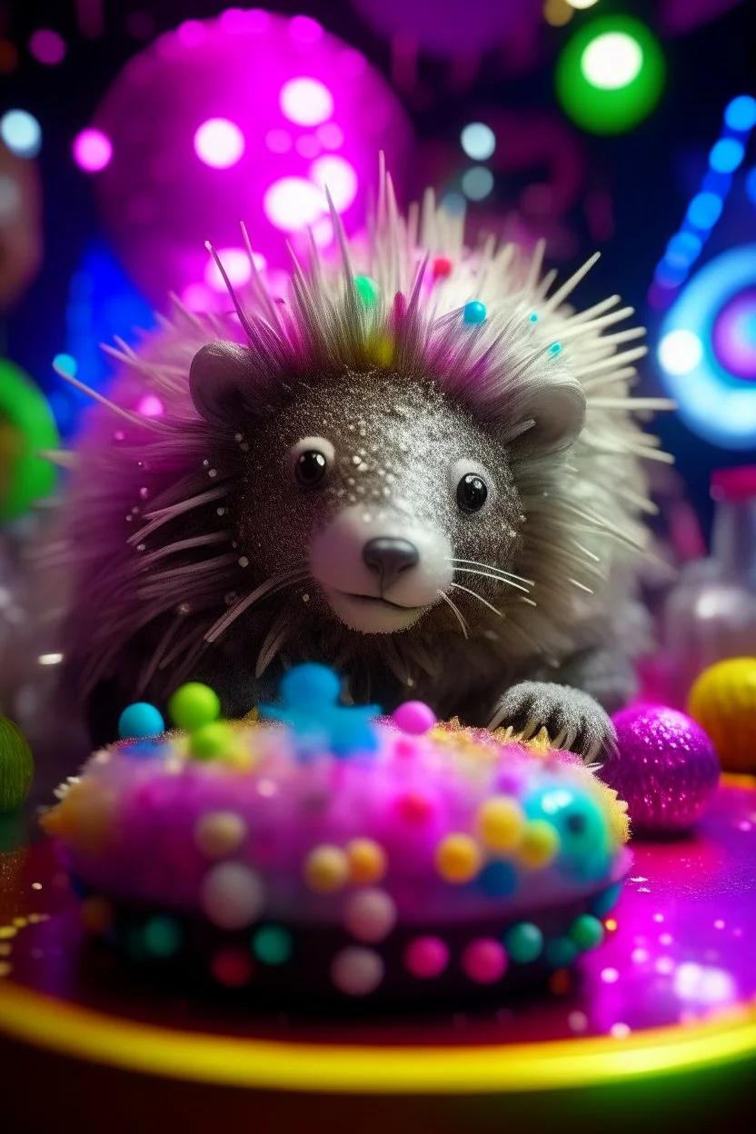 portrait of glittery haired twisted porcupine on a yoga space ship made of ice cream, smiling with beautiful shiny ears, each inside a pile of transparent jelly bubbles of weird colors with insect aliens inside, disco egg made of small mirror, light rayz, feast table ,shot on Hasselblad h6d-400c, zeiss prime lens, bokeh like f/0.8, tilt-shift lens 8k, high detail, smooth render, down-light, unreal engine, prize winning