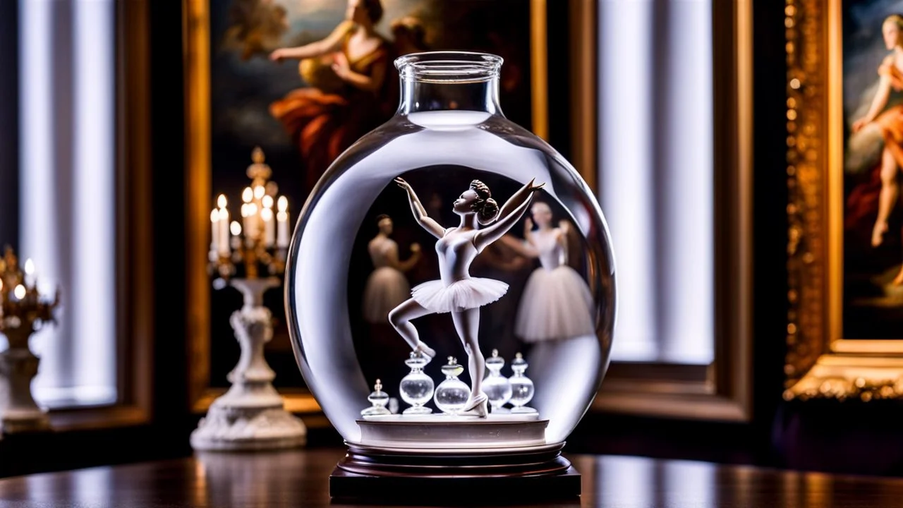 a pretty glass wine jar with beautiful minature glass shapes on out side and some glass hlalf sphere on it with a lady ballerina inside in pretty standing ballet pose on a table in a art gallery with famouse paintings and statues
