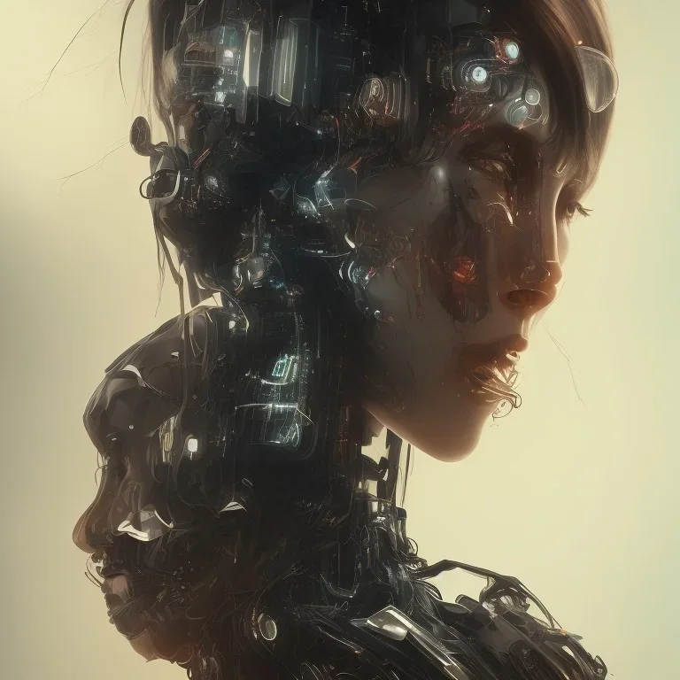 wonderfull portrait only woman half face robot rust, long black hair, intricate, sci-fi, cyberpunk, future,