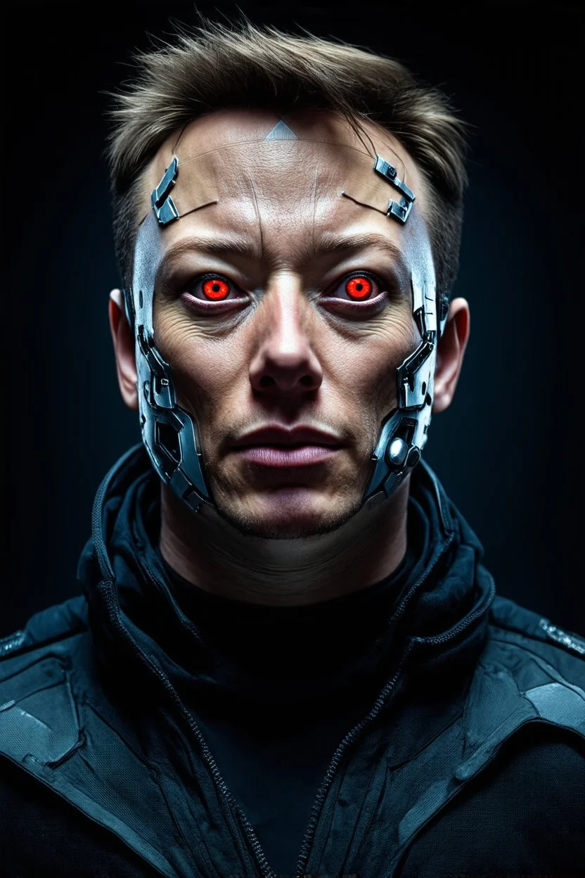 Portrait of Elon musk, scary cyborg face, metal plate checks and forehead, one red eye