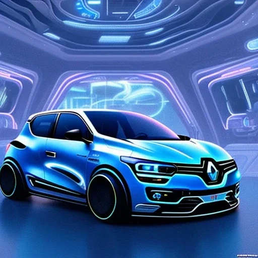 Blue Renault Zoë, EV, futuristic city, zoom