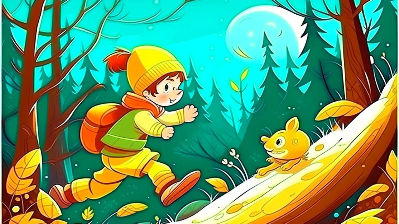 fantasy cartoon style illustration: a little boy sled down a hill, and one mitten got caught on a branch and flew off in the woods