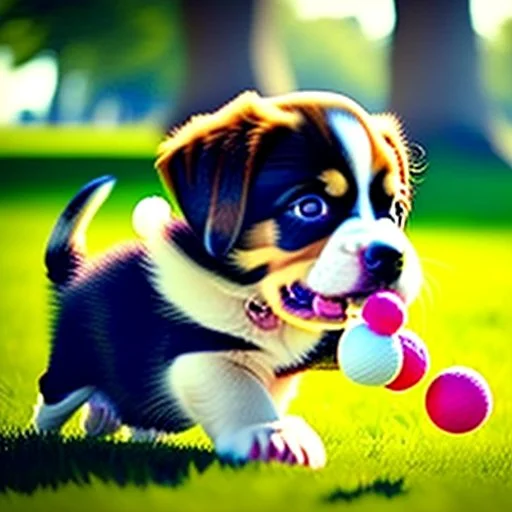 Cute puppy playing with his ball in the park.